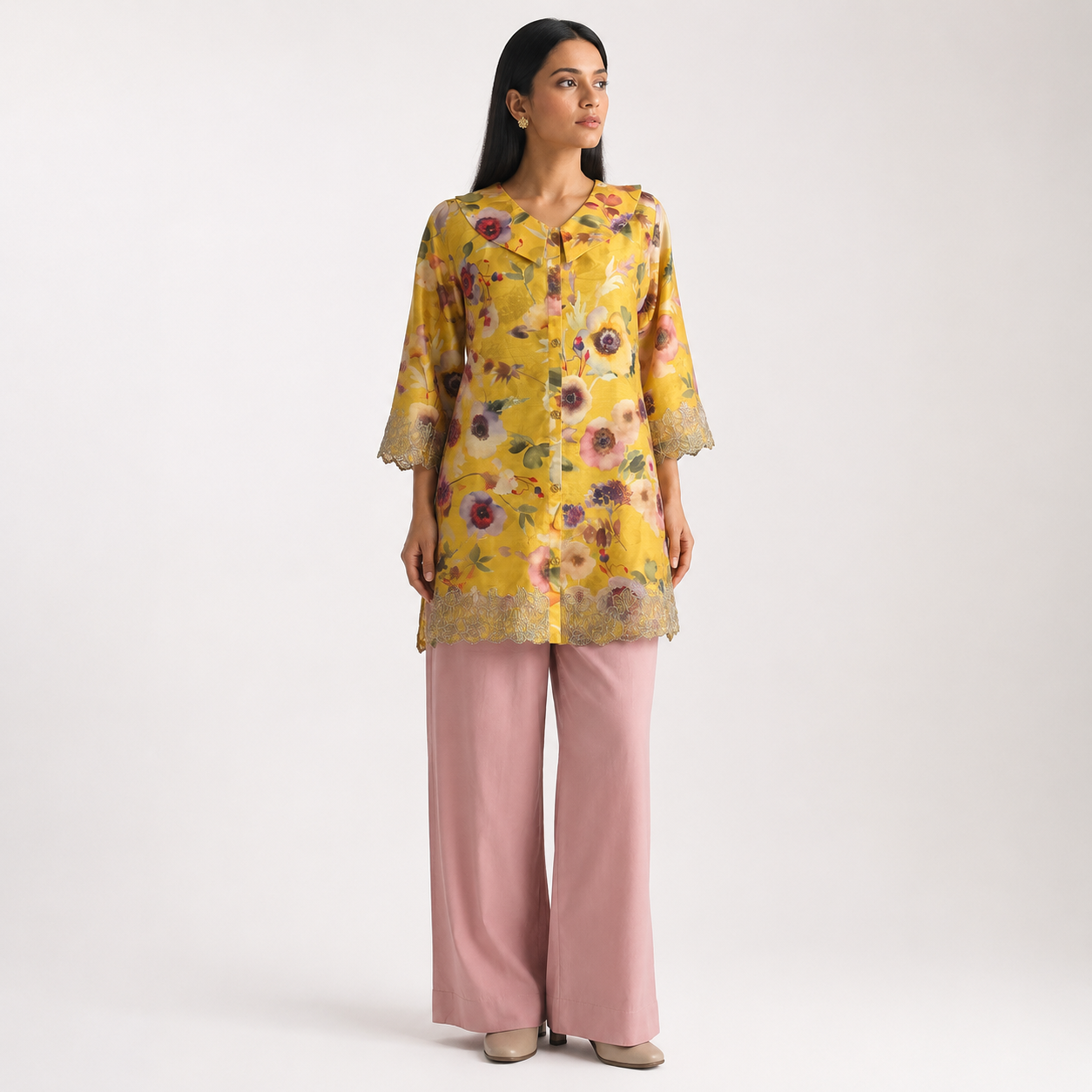 Golden Sunflower Print Tunic & Pink Trousers Set